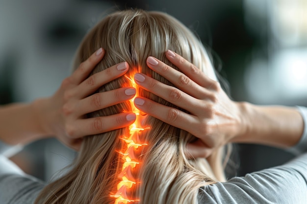 Closeup of a woman holding her neck with glowing spine illustration