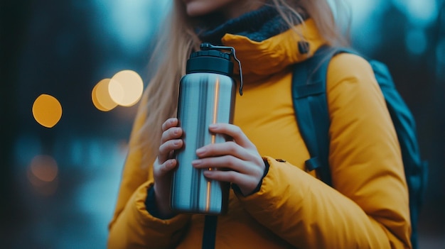 Photo closeup of a woman holding reusable water flask moody lighting ar 169 style raw v 61 job id 9c578c83