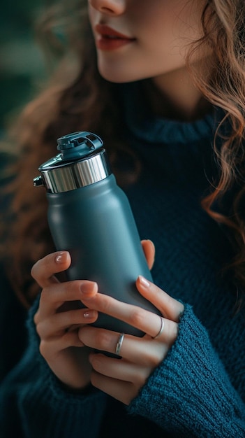 Photo closeup of a woman holding reusable water flask moody lighting ar 916 style raw v 61 job id cdc1dac7