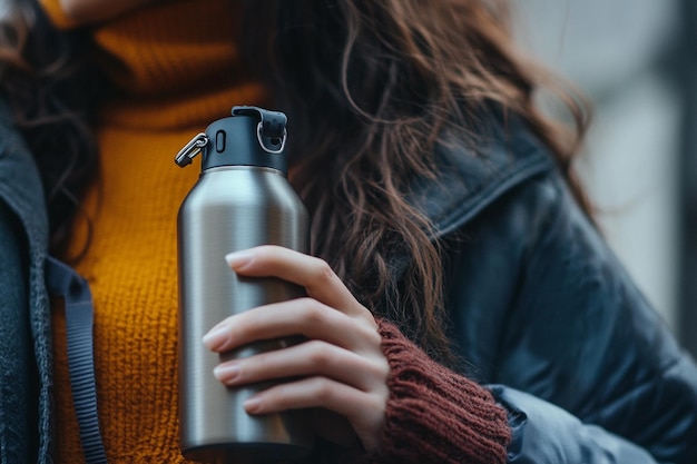 closeup of a woman holding reusable water flask