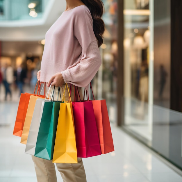 Closeup of woman holding shopping bags Colorful shopping spree