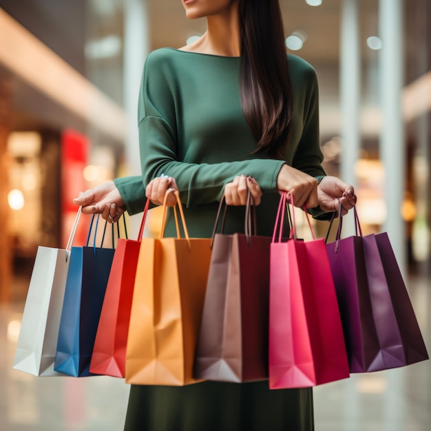 Closeup of woman holding shopping bags Colorful shopping spree