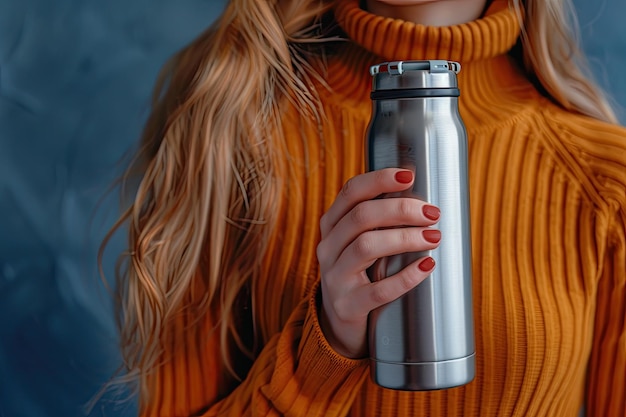 Photo closeup woman holding thermos bottle