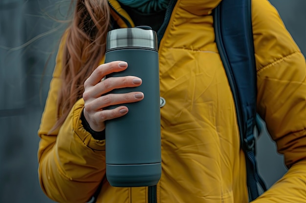 Photo closeup woman holding thermos