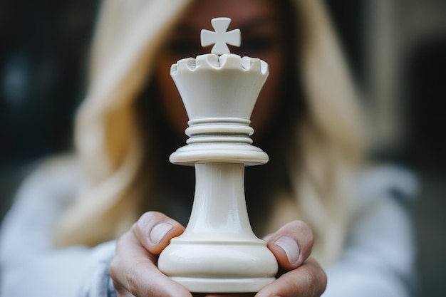 Closeup of Woman Holding White Chess Queen Piece with Focus on Hands