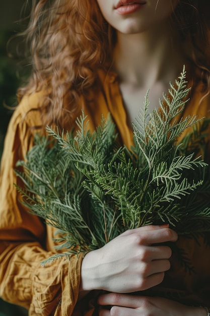 closeup of a woman holding wormwood in her hands Selective focus