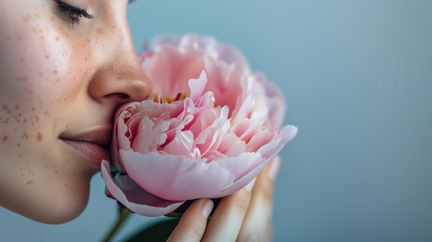 Closeup of woman inhaling scent pink peony flower against blue background