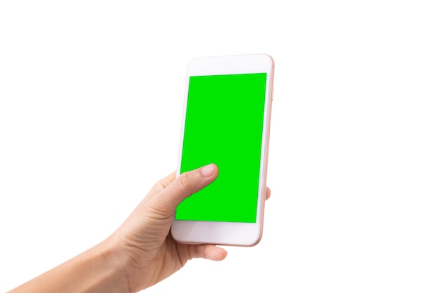 Closeup woman of Left hand held use finger touches with digital smartphone green screen isolated