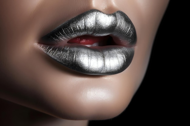 A closeup of woman lips with silver lipstick