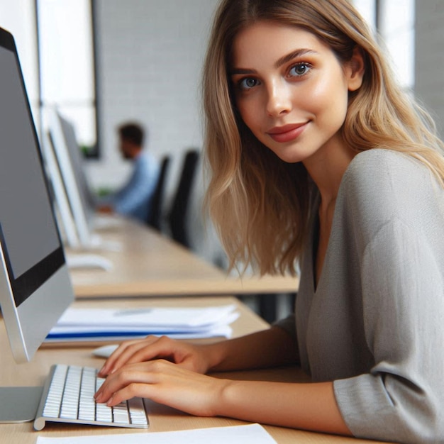 Photo closeup of a woman looking at the camera using a computer in the office with copy space on