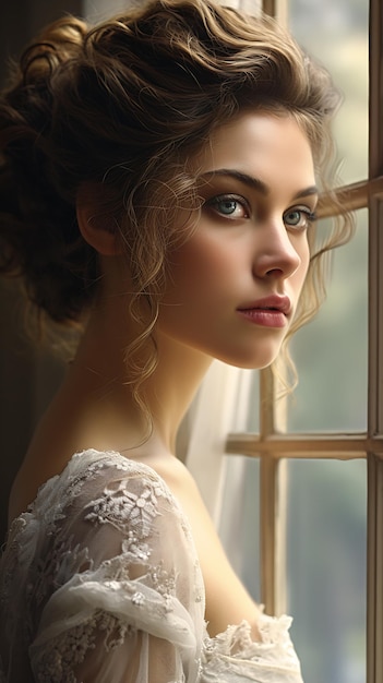 Closeup of a woman looking out a window with sheered curtains P