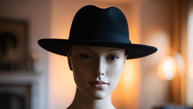 Photo closeup of a woman mannequins face wearing a black fedora hat fashion mockup template