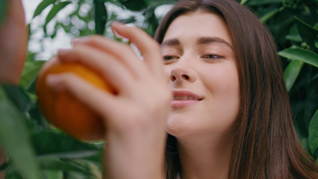 Closeup woman picking orange lush greenery farmland happy lady sniffing citrus