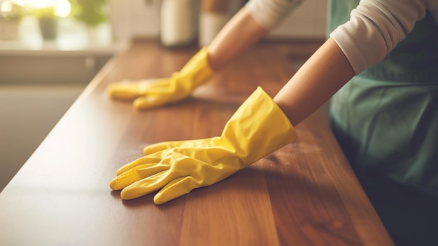 Closeup of woman in protective gloves cleaning wooden table in kitchen