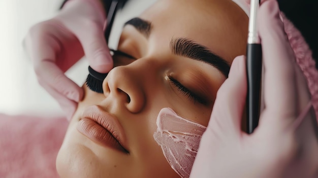 Closeup of a woman receiving a facial treatment with a gloved hand applying a pink cream to her cheek