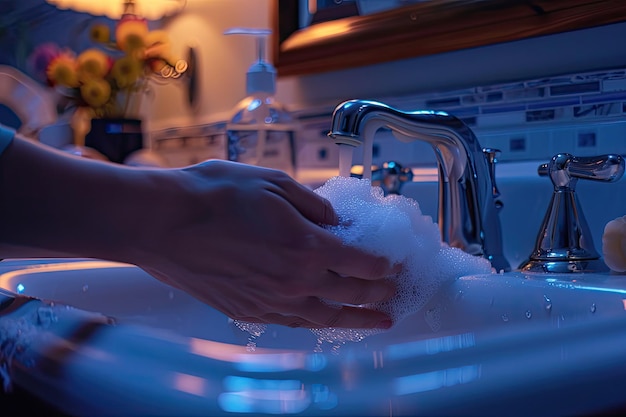 Closeup of woman rubbing hands with a soap in the bathroom