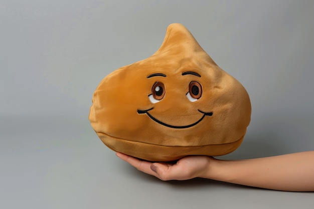 Photo closeup of woman s hand holding brown poop emoji pillow isolated indoors