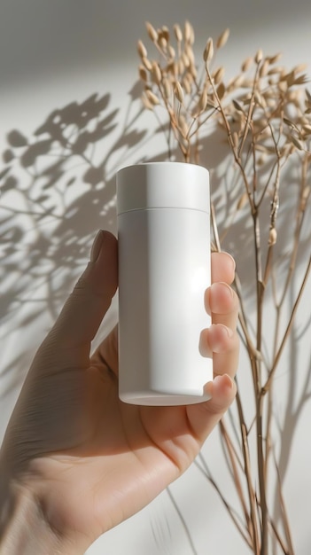 closeup of woman s hand holding a white roll on deodorant bottle