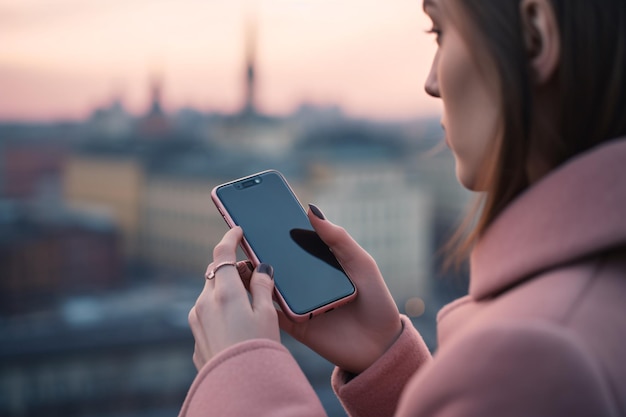 Closeup of a woman's hands holding a smartphone typing a text message with a blurred cityscape in the background Generative Ai