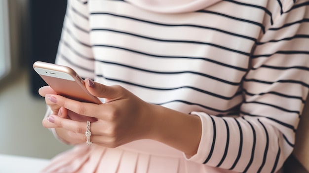 Photo closeup of a woman s hands holding a smartphone with one hand adorned with a ring set against her striped shirt and pink skirt