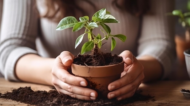 Closeup of woman's hands planting flowers in pot at sun light in her home garden helping with a trowel Gardener woman planting flowers in the garden at sunny morning