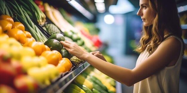 Closeup woman shopping fruits and vegetables in a grocery supermarket store Generative Ai