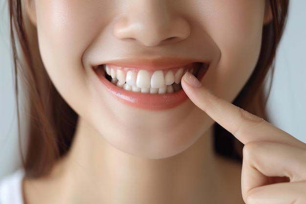 Closeup of woman smiling and pointing at teeth with finger on white background