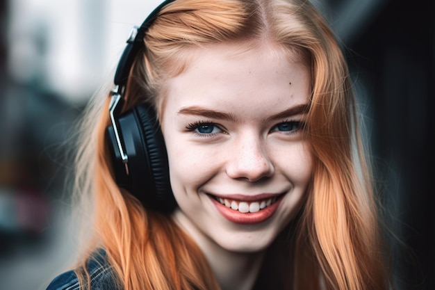 Closeup of a woman smiling while wearing headphones