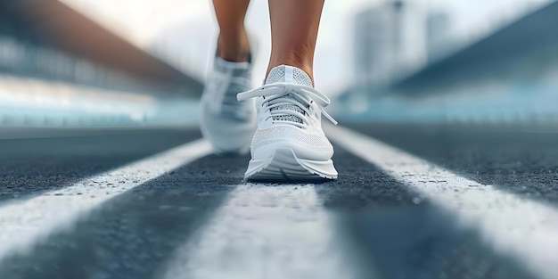 Closeup of a woman in sneakers training on an outdoor racetrack Concept Outdoor Photoshoot Fitness Training Woman in Sneakers Racetrack Closeup Shot