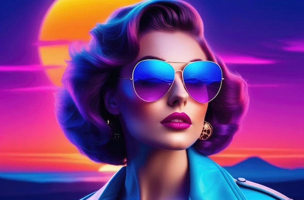 Photo closeup of woman in sunglasses at sunset with 80s vibes 3d virtual reality landscape in 1980s style