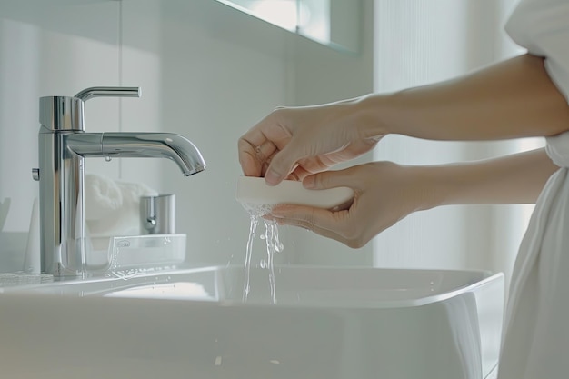 Closeup of woman using soap dispenser and washing hands in the bathroom