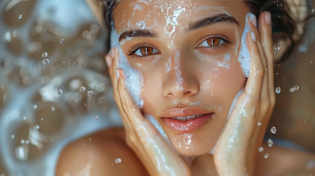 CloseUp of Woman Washing Face with Soap and Water Fresh Skincare Routine