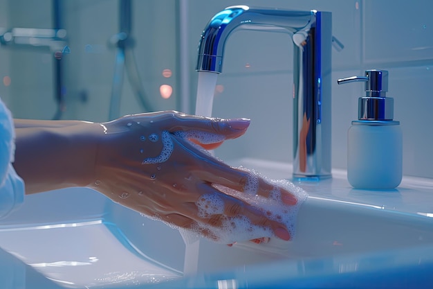 Closeup of woman washing hands with sanitizer