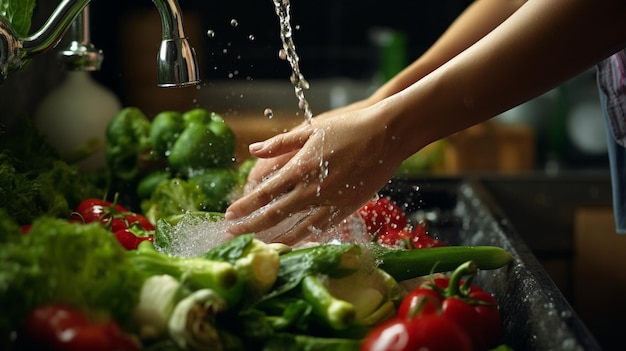 closeup of a woman washing vegetables and fruits in a sink