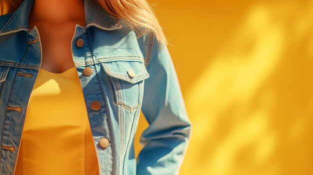 Photo closeup of a woman wearing a blue denim jacket