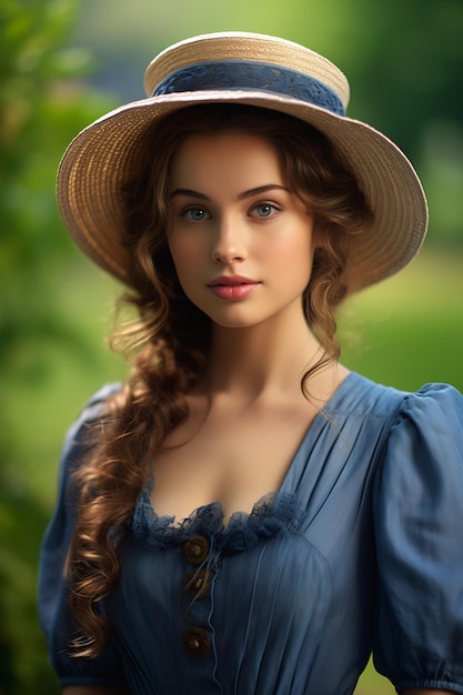 Closeup of a woman wearing a hat and dress in the countryside