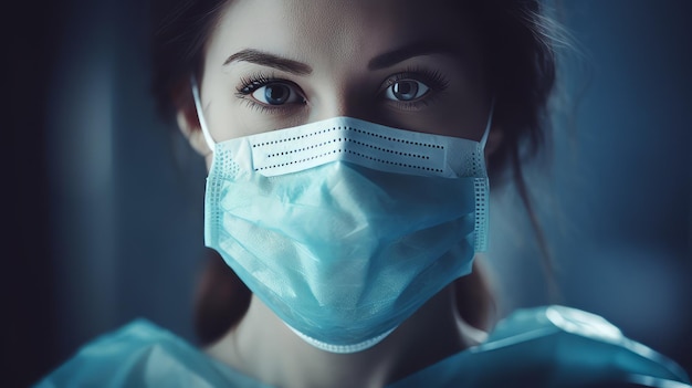 Closeup of a woman wearing a medical mask Respiratory protection from pollution viruses bacteria allergens Medicine Pharmaceuticals Pandemic period of SARS and influenza concepts