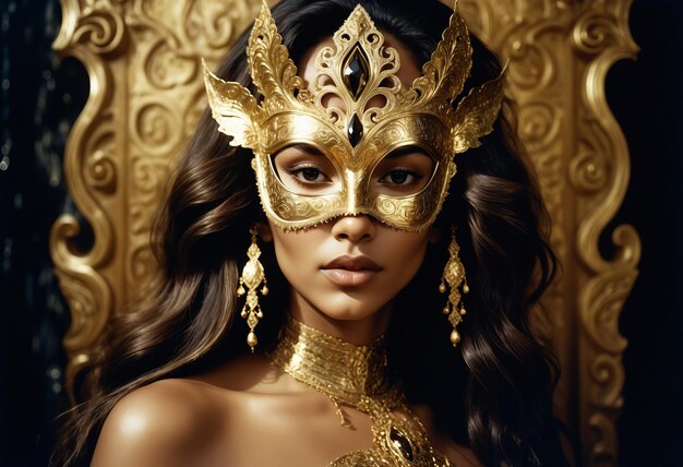 Photo a closeup of a woman wearing an ornate golden venetianstyle mask