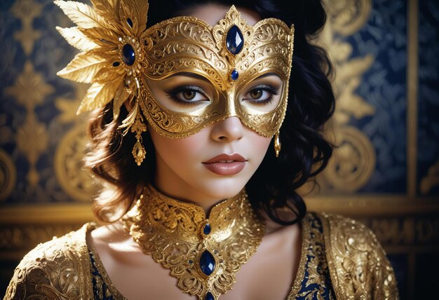 Photo a closeup of a woman wearing an ornate golden venetianstyle mask