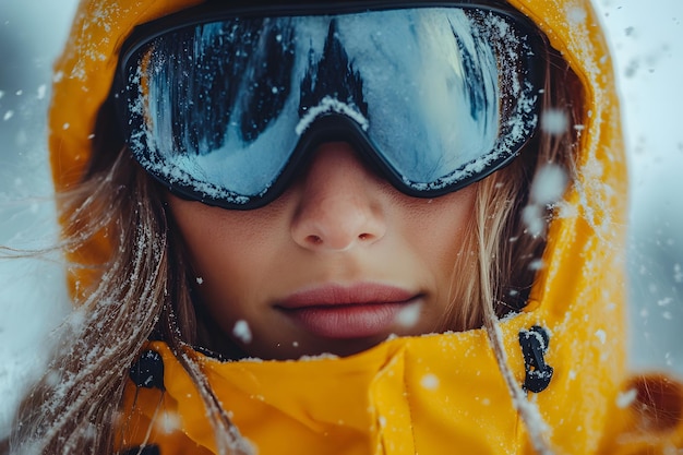 Photo closeup of woman wearing ski goggles and yellow winter jacket snowy mountain reflection in goggles winter sports and adventure cold weather fashion skiing or snowboarding gear