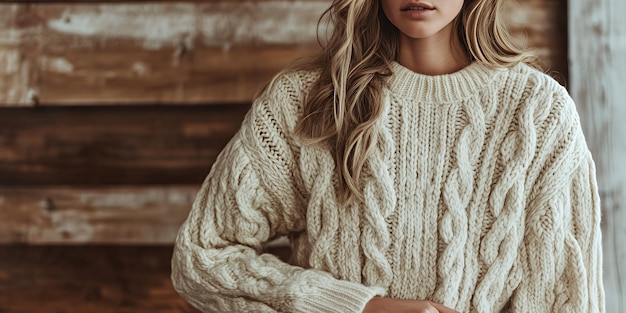 Photo closeup of a woman wearing a white cable knit sweater with long blonde hair