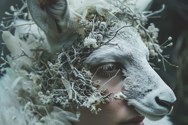 Closeup of a Woman Wearing a White Deer Mask with Flowers