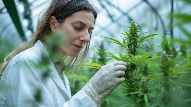 Photo closeup of a woman in a white lab coat inspecting the buds of a hemp plant with a sophisticated greenhouse setup and irrigation systems in the background