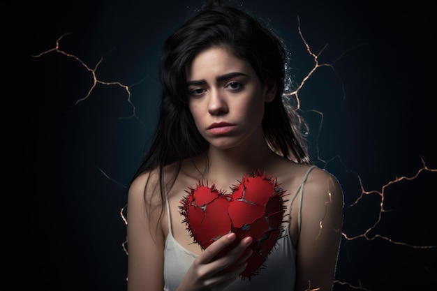 Closeup of a woman with an ashamed expression holding a broken heart symbol against a creative