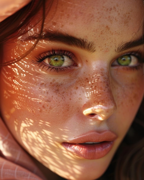 Closeup of woman with freckles and shadow patterns