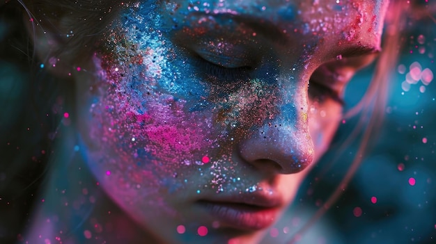 A closeup of a woman with a galaxyinspired hairstyle her face painted with a mesmerizing blend of