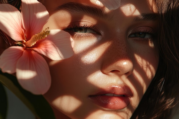 Photo closeup of woman with makeup and flowers on her face