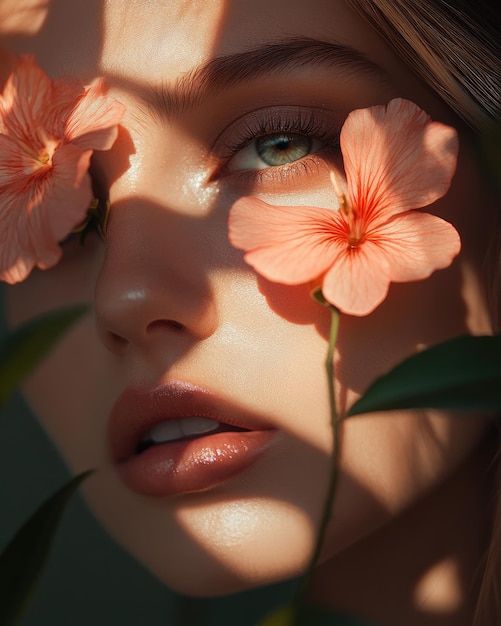 Photo closeup of woman with makeup and flowers on her face