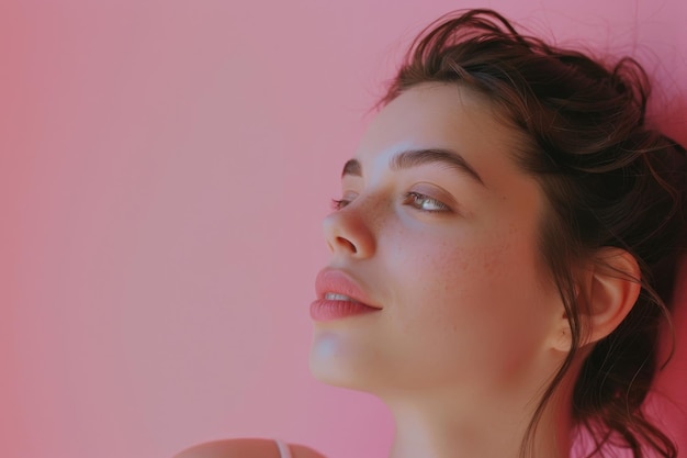 Closeup of a woman with a natural look and softly tousled hair against a pink background exuding a serene and thoughtful vibe