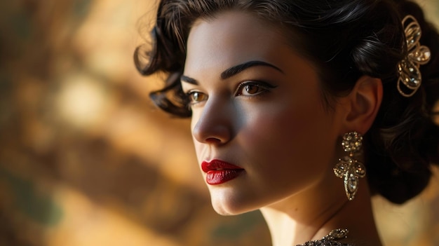 A closeup of a woman with perfectly coiffed finger waves adorned with a sparkling brooch and